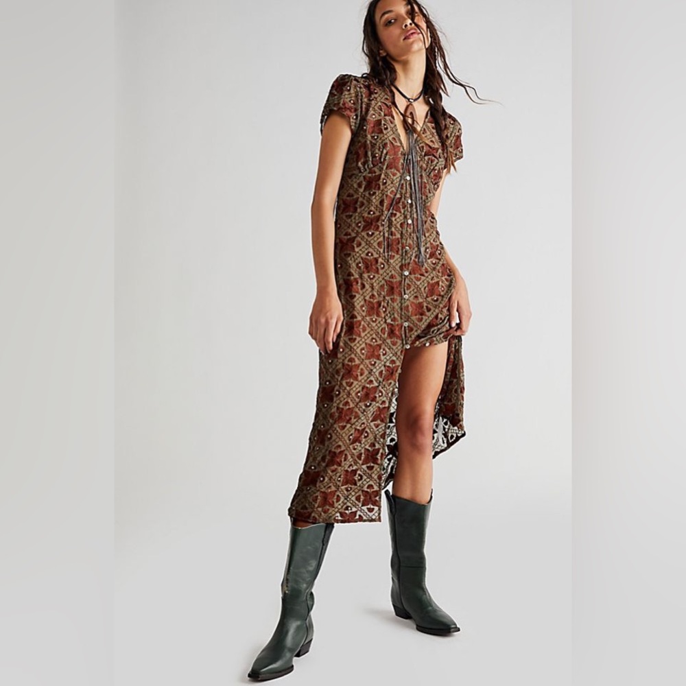 Free People Brown Green Flutter Sleeve Midi Dress